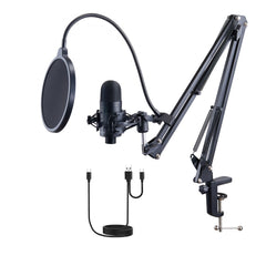 Bostome USB condenser microphone kit with adjustable knobs and essential accessories for clear audio.