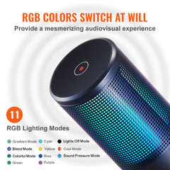 USB condenser microphone with RGB lighting in 11 modes including cool, blend, and sound pressure.