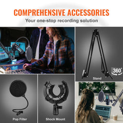 USB condenser microphone kit with RGB lighting, boom arm, shock mount, and pop filter.