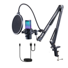 Black USB condenser microphone with RGB lighting on adjustable boom arm, pop filter, and cables.