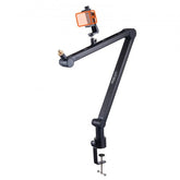Black adjustable microphone boom arm with desk clamp, 360-degree rotation, and phone holder.