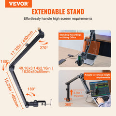 Adjustable desk-mounted microphone boom arm with 360-degree rotation and extendable arms.
