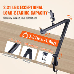 Black adjustable microphone boom arm with desk clamp, 360-degree rotation, and phone holder.