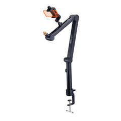 Bostome microphone boom arm with desk mount, featuring adjustable, rotatable design and phone holder.