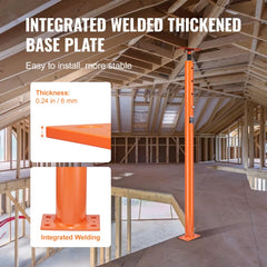 Orange adjustable floor jack post with integrated welded thickened base plate, 0.24 inch thick, for stable installation.