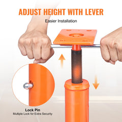 Orange adjustable floor jack post with lever for height adjustment from 56 to 100 inches and dual lock pins for security.