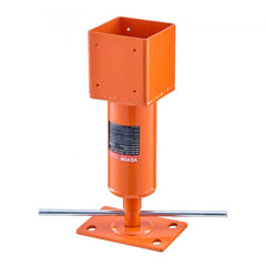 Orange adjustable steel floor jack post with base plate and top bracket for 4x4 wood beams.
