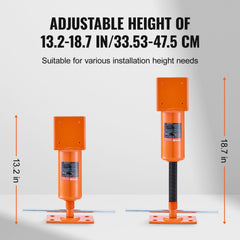 Orange adjustable steel floor jack post for 4x4 beams, height 13.2-18.7 inches, shown in two sizes.