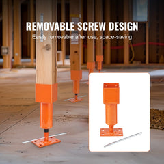 Orange adjustable steel floor jack post with removable screw design supporting 4x4 wood beams in a construction setting.