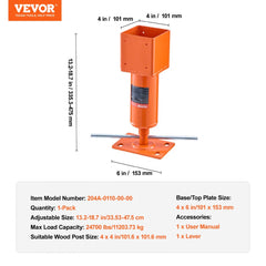 Orange adjustable steel floor jack post for 4x4 wood beams, with base plate and height markings.