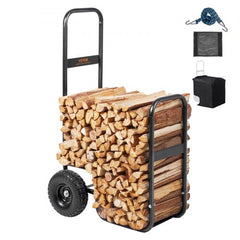 Heavy duty steel log cart with 250 lbs capacity and 10.5-inch wheels for easy transport.