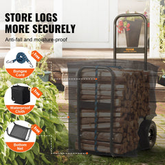 Heavy duty steel firewood log cart with 250 lbs capacity and 10.5-inch solid wheels.