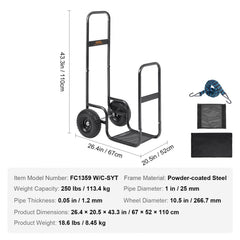 Heavy duty steel log cart with elevated guardrail, 250 lbs capacity, and 10.5-inch wheels.