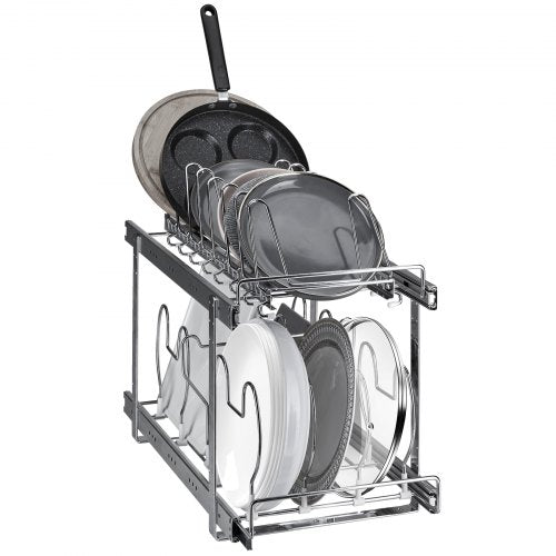 2-tier chrome steel pull-out pan rack organizer with expandable design holding pots and pans.