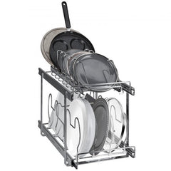 2-tier chrome steel pull-out pan rack organizer with expandable design holding pots and pans.