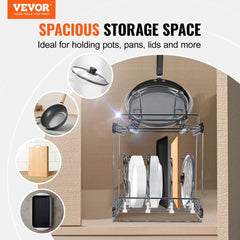 2-tier expandable chrome steel pull-out rack organizer for kitchen cabinets, 12 inches wide, holding pots, pans, lids, and cutting boards.
