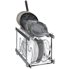 Chrome steel 2-tier expandable pull-out rack organizer holding stacked plates and pans.