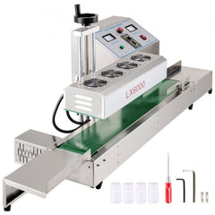 Stainless steel LX-6000 continuous induction sealer with green conveyor belt for 20-80mm bottle caps.