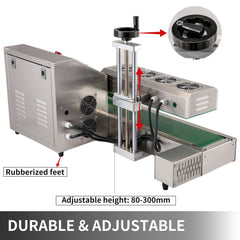 Stainless steel continuous induction bottle sealer with adjustable height stand and conveyor belt.