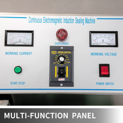 Control panel of Bostome LX-6000 induction sealer with gauges, switches, and speed control.