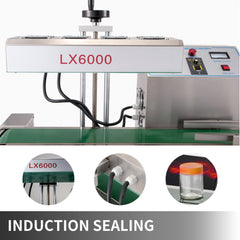 LX-6000 continuous induction bottle sealer with conveyor for 20-80mm caps.