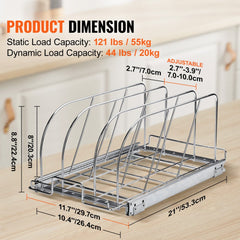 Expandable pull-out rack for pots and pans with adjustable dividers and full-extension slides.