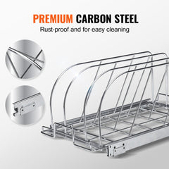 Expandable pull-out rack for pots and pans, designed for under-cabinet organization.