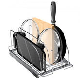 Expandable pull-out rack for pots and pans with adjustable dividers and durable metal construction.