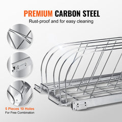 Expandable pull-out rack for pots and pans with adjustable dividers and durable metal construction.