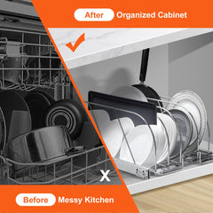Expandable pull-out rack for pots and pans with adjustable dividers and durable steel construction.