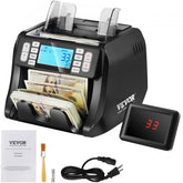 Black Bostome money counter machine with UV MG IR DD detection for USD and EUR, dual LCD displays, and accessories.
