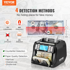 Black Bostome money counter machine with UV, MG, IR, and DD detection for USD and EUR bills.