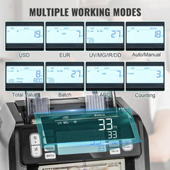 Money counter machine displaying multiple modes including USD, EUR, UV/MG/IR/DD detection, and auto/manual counting on LCD screens.
