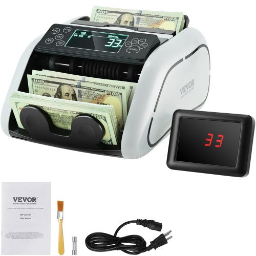 White Bostome money counter machine with bill trays, digital display showing 33, external screen, power cord, and cleaning kit.