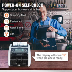 White Bostome money counter machine with digital display and counterfeit detection features, shown in a cafe setting.