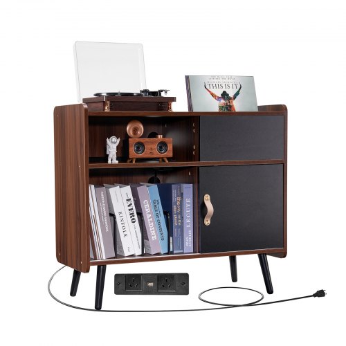 3-tier wooden record player stand with sliding door, holding vinyl records, player, books, and decor.