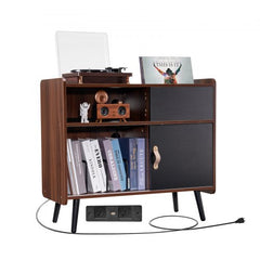 3-tier wooden record player stand with sliding door, holding vinyl records, player, books, and decor.
