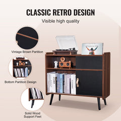 3-tier wooden record player stand in vintage brown with sliding door and shelves for records.