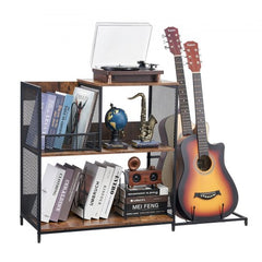 Black metal 3-tier record player stand with guitar storage and adjustable feet.