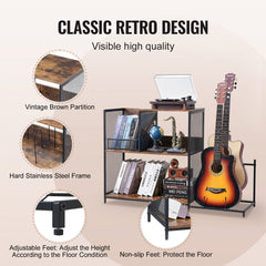Black metal 3-tier record player stand with guitar storage and adjustable feet for stability.