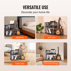 Black metal 3-tier record player stand with guitar storage and adjustable feet.