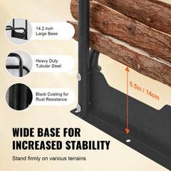 Heavy duty 8.5-foot tubular steel firewood rack with rust-resistant black coating, large base, and waterproof cover.