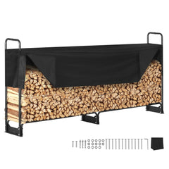 Black steel firewood rack with waterproof cover and hardware for assembly, holding stacked wood.