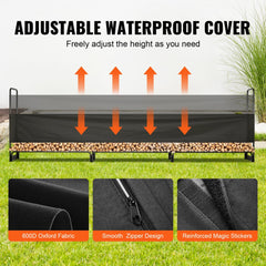 Heavy duty outdoor firewood rack with waterproof cover, designed for large capacity and stability.