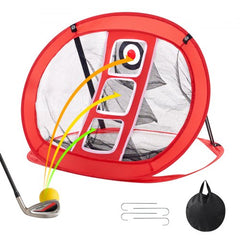 Portable pop-up golf chipping net with three targets for indoor or outdoor practice.