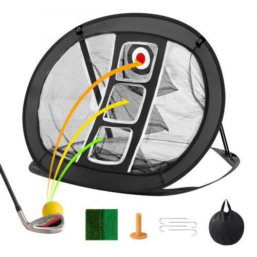 Black pop-up golf chipping net with three targets, club, ball, tee, mat, and carrying bag.