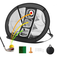 Black pop-up golf chipping net with three targets, club, ball, tee, mat, and carrying bag.