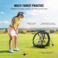 Woman practicing golf chip into a black pop-up net with multiple targets on a green field.