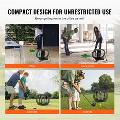 Black pop-up golf chipping net with three targets, shown in use in office, living room, backyard, and outdoors.