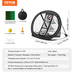 Black pop-up golf chipping net with three targets, carry bag, foam balls, tee, and stakes.